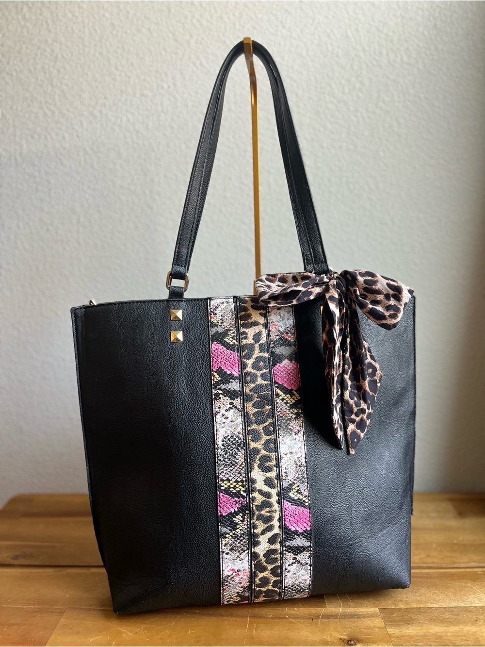 Betsey Johnson Tote Bag with Pink & Leopard Accent -  Leopard Print scarf